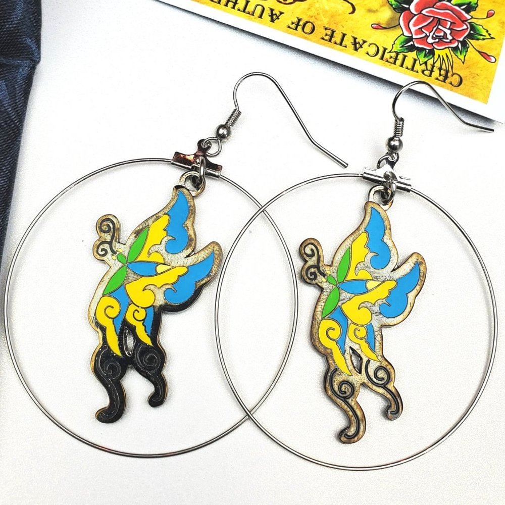 ED HARDY VINTAGE Style Earrings /Butterfly Hoop Earrings / Hard Rock Accessories
